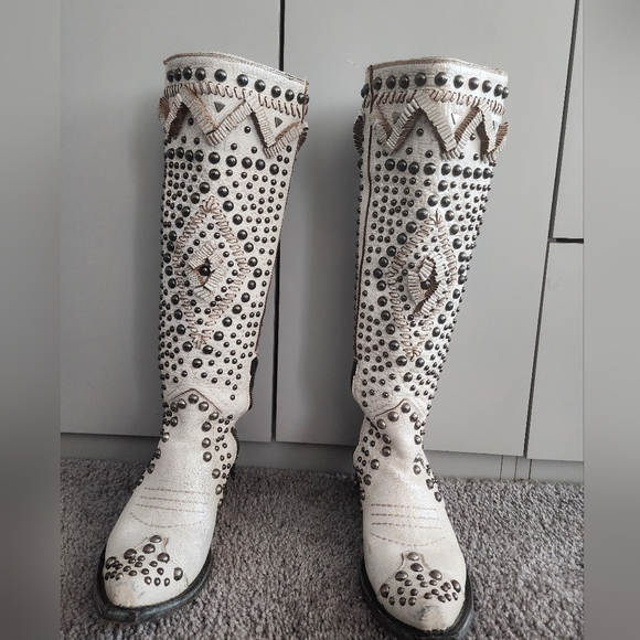 Old Gringo/Double D Studded White/Taupe Boots Size 5.5 Cowboy/Western Boots - Picture 8 of 9